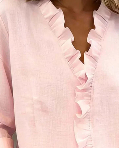 Audrey™ | Blouse with Ruffles, V-Neck and Long Sleeves